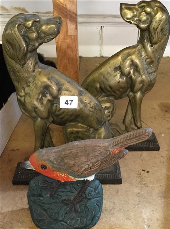 2 brass dog door stops & 1 bird